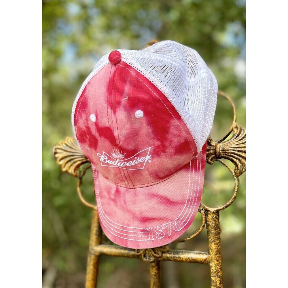 Budweiser 1876 Red White Trucker Hat Mesh Snapback Adj Beer Bleach Tie Dye